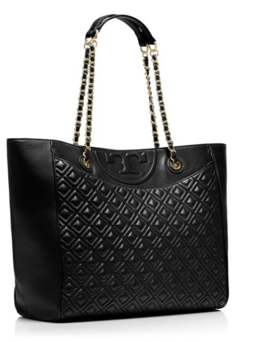 Tory Burch Fleming Quilted Leather Tote Bag Black Gold Chain Shoulder Bag